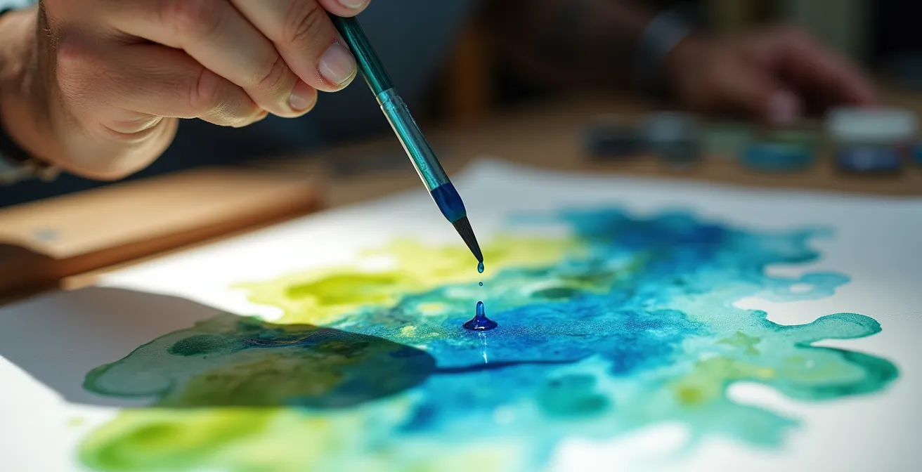 Künstlerhand beim kontrollierten Fließenlassen von Aquarellfarbe auf nassem Papier, was die Meisterschaft über das Medium zeigt.