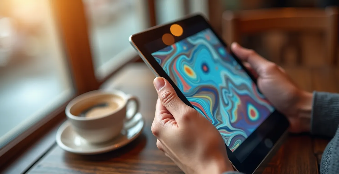 Person studiert Kunstwerke auf Tablet vor Museumsbesuch