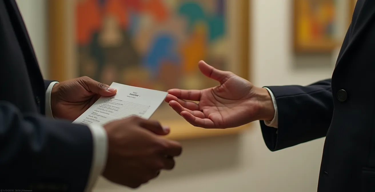 Nahaufnahme eines vertraulichen Gesprächs zwischen Käufer und Galerist mit verschwommenem Galerieraum im Hintergrund