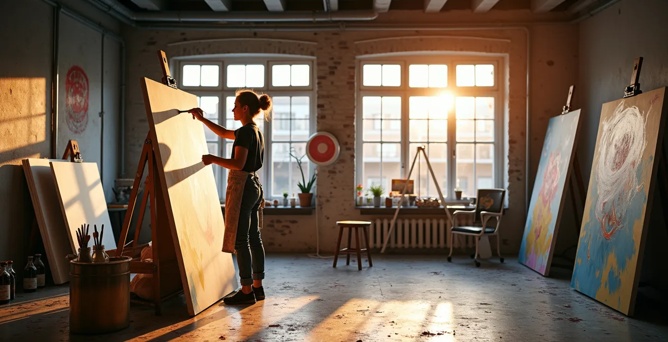 Künstleratelier mit jungem Künstler bei der Arbeit an abstraktem Gemälde