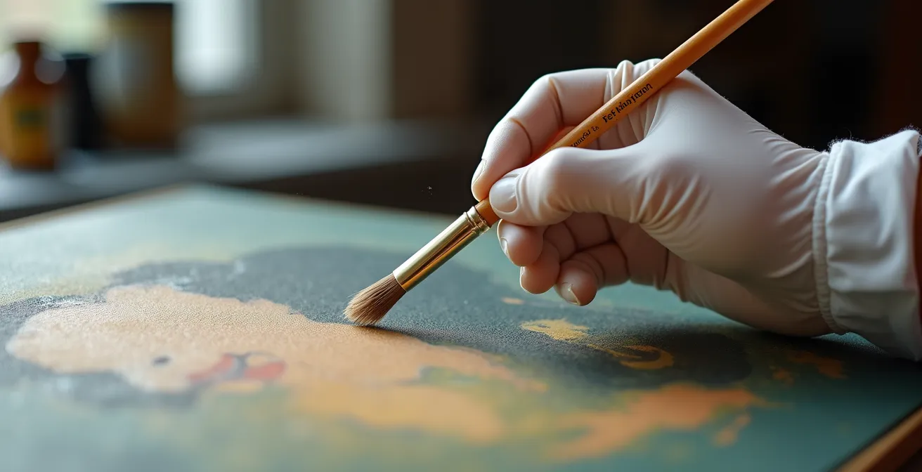 Professionelle Reinigung eines Ölgemäldes mit weichem Fehhaarpinsel