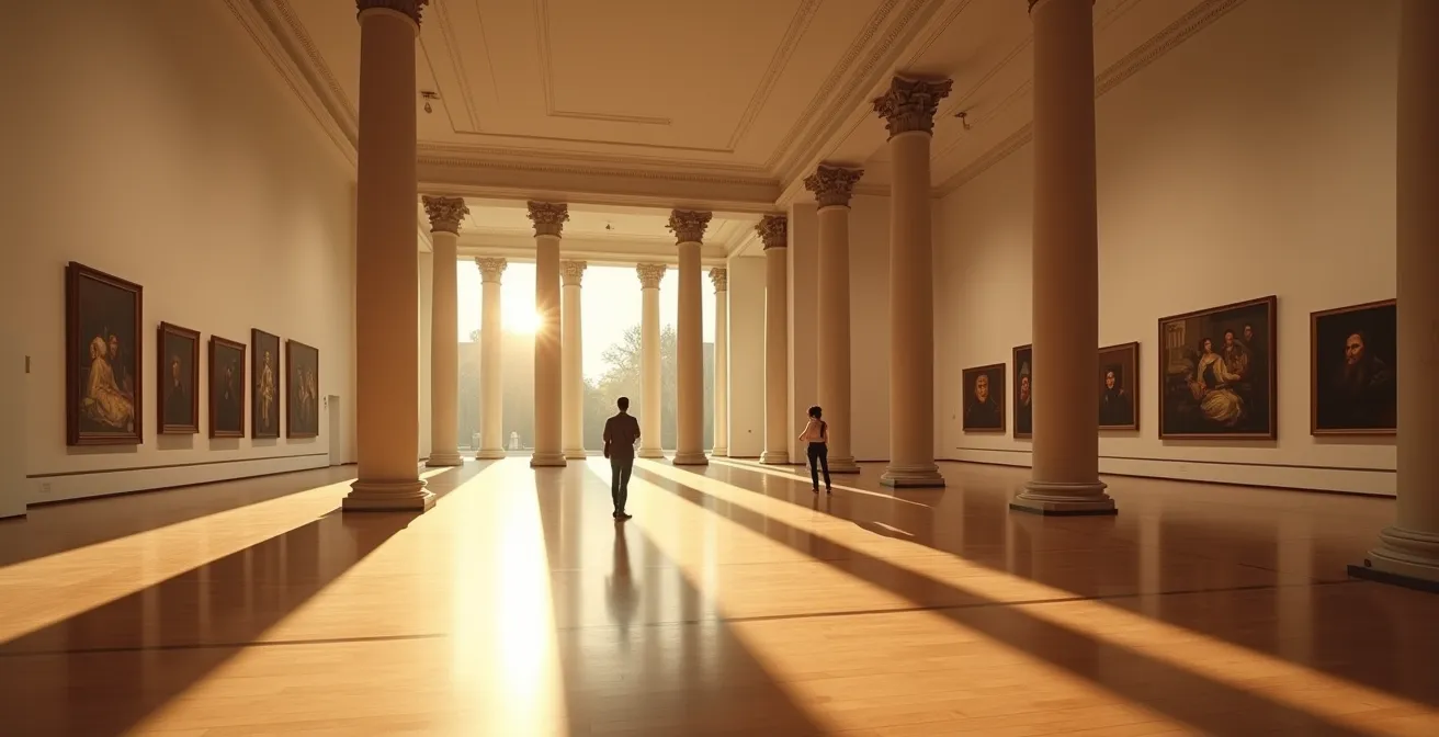 Leerer Museumssaal in der letzten Öffnungsstunde mit einzelnem Besucher