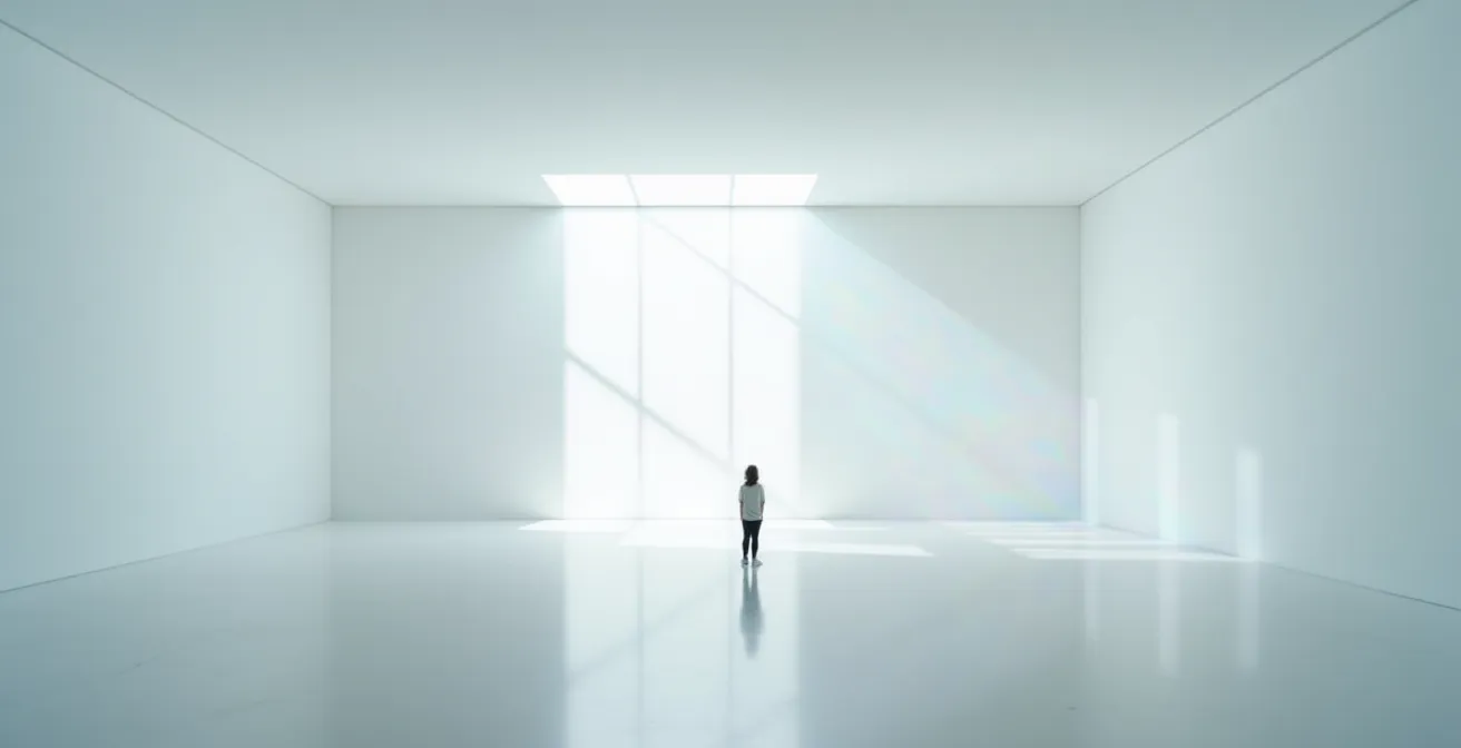 Minimalistischer Galerieraum mit subtiler Lichtinstallation und meditativer Atmosphäre