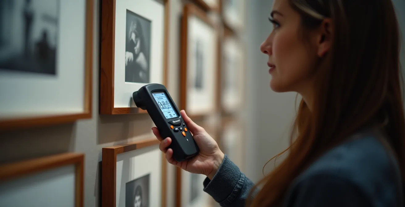 Ein Konservator misst mit einem Luxmeter die Lichtintensität an einer Galeriewand, um die gerahmten Fotografien zu schützen.