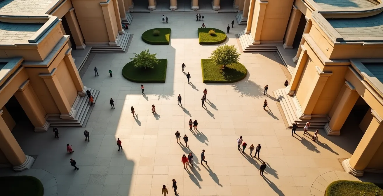 Vogelperspektive auf Museumsinsel mit markierten Besucherrouten