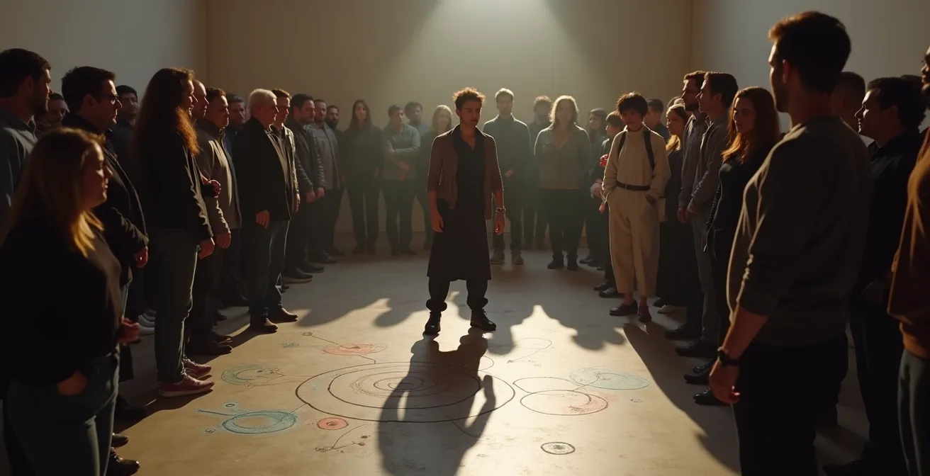 Performancekünstler in direkter Interaktion mit Publikum ohne Bühnengrenze