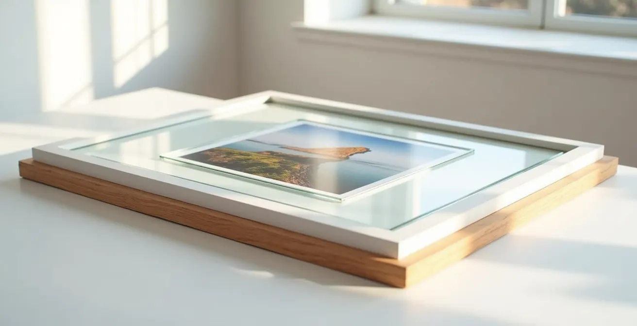 Querschnitt einer konservatorischen Rahmung mit sichtbaren Schichten: UV-Schutzglas, Passepartout und säurefreier Rückwand.