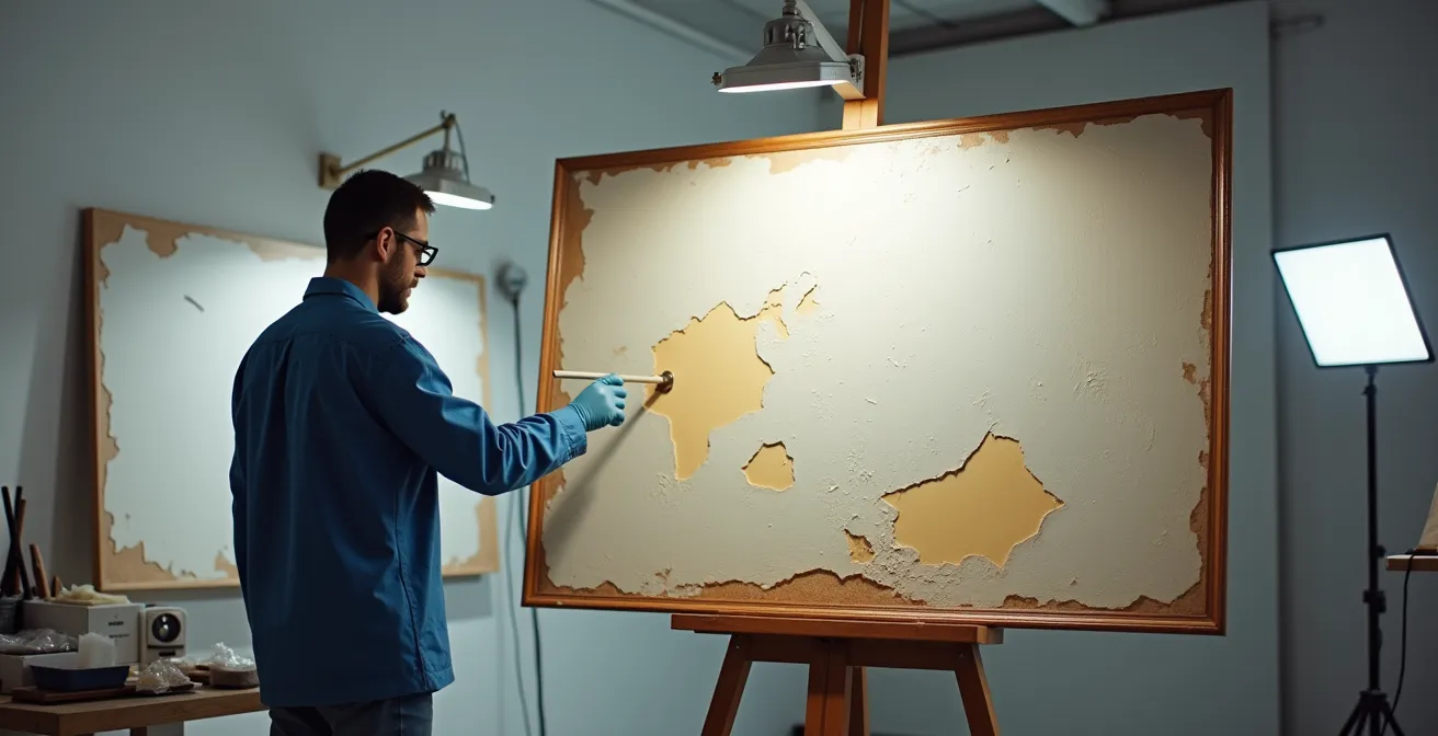 Detailaufnahme verschiedener Schadenstypen an einem historischen Ölgemälde