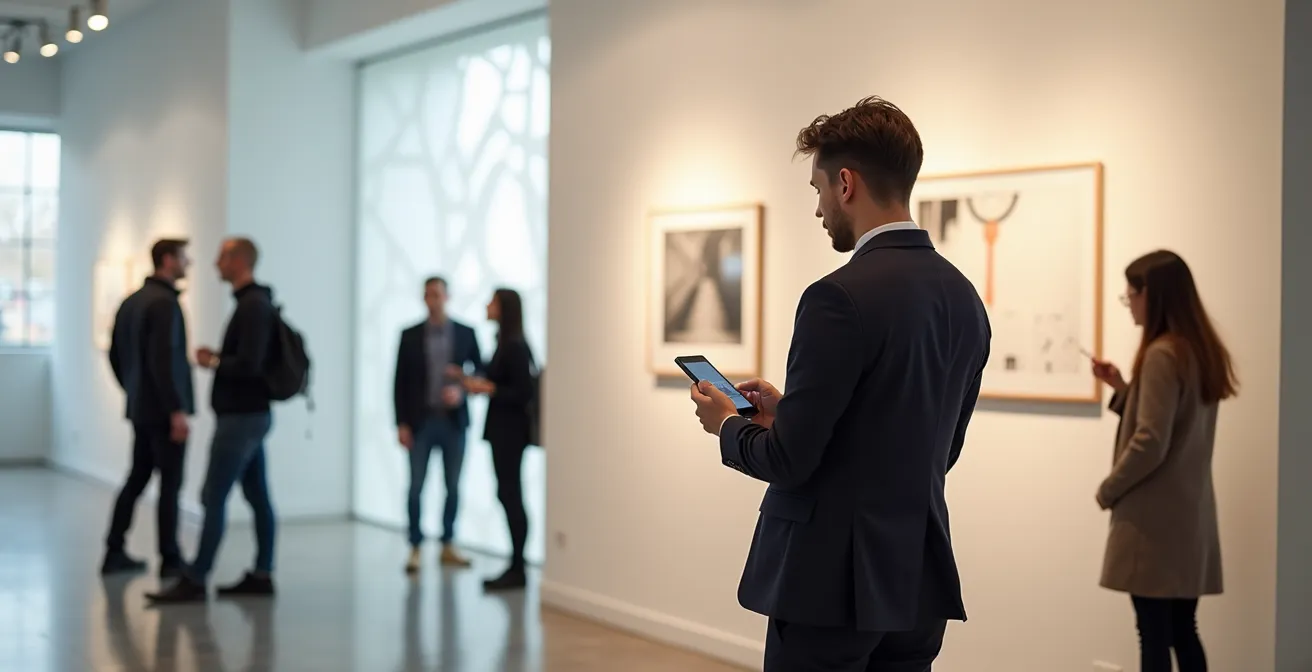 Person recherchiert konzentriert auf Smartphone während einer Ausstellungseröffnung, im Hintergrund eine unscharfe Galerie-Szene.