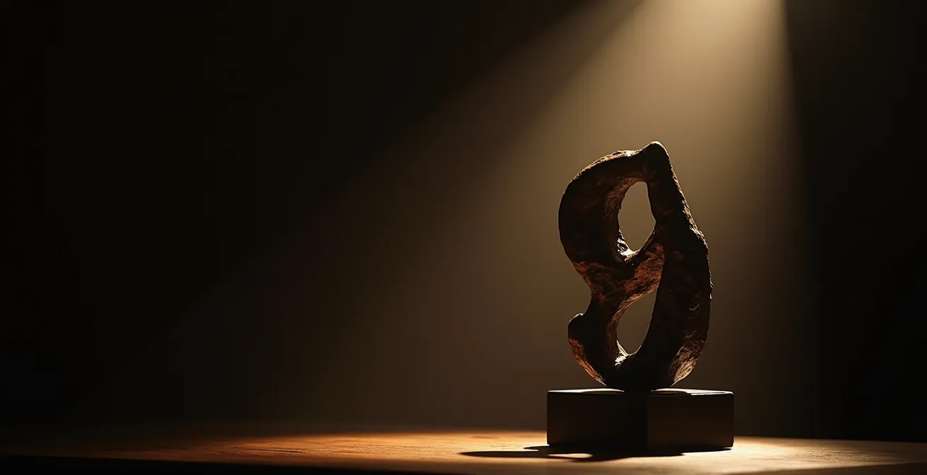 Bronzeskulptur mit dramatischer Uplighting-Beleuchtung in modernem deutschen Wohnraum