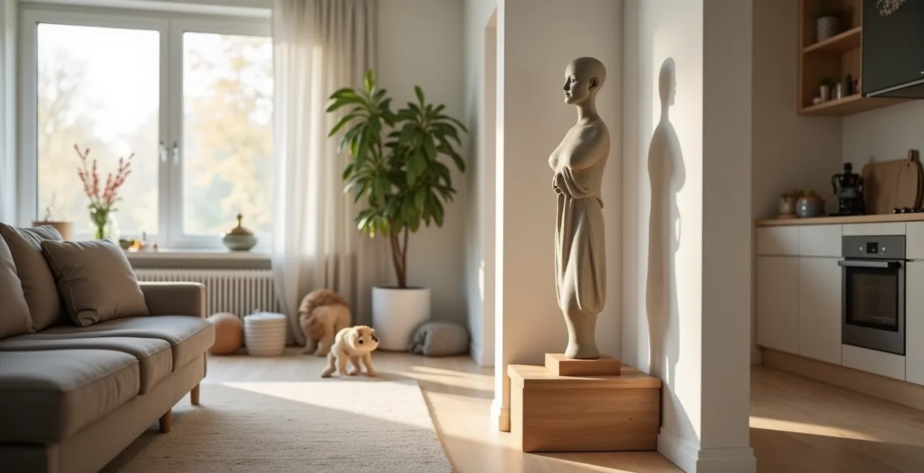 Gesicherte Skulptur in kindersicherem Wohnbereich mit Schutzbarrieren