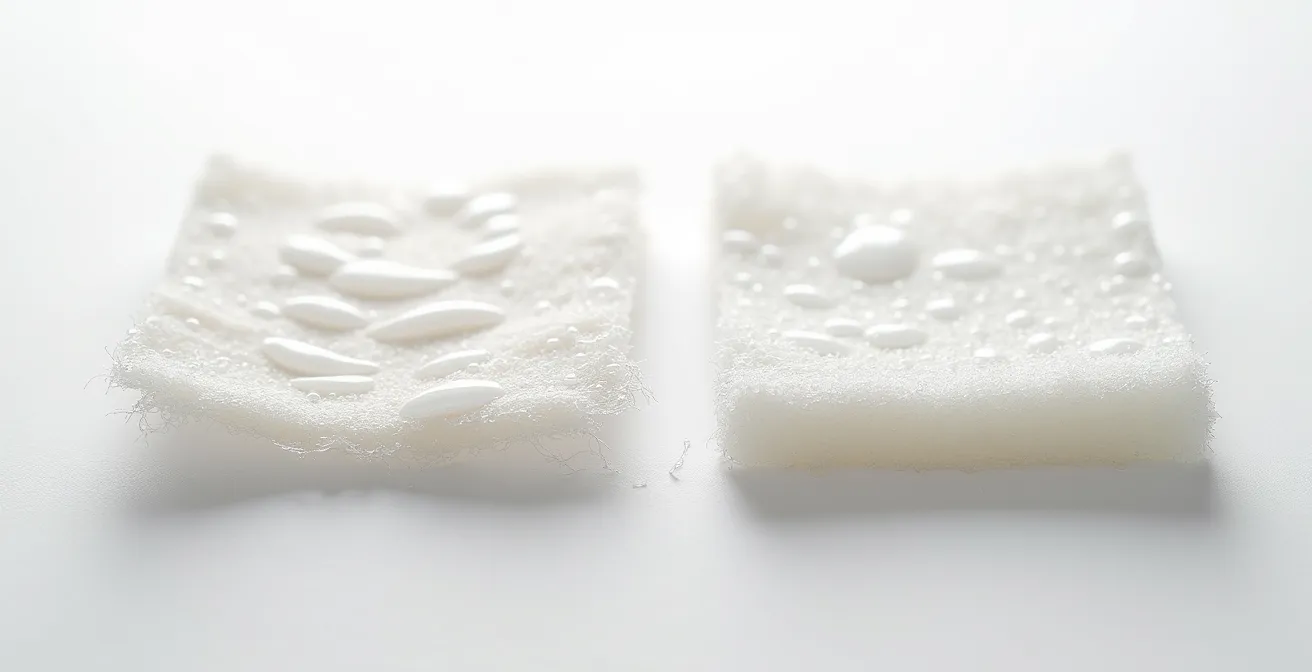 Mikroskopische Gegenüberstellung von billigem und hochwertigem Aquarellpapier, das die unterschiedliche Faserstruktur zeigt.