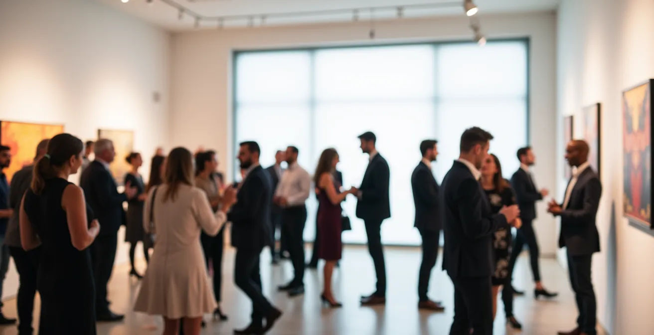 Weitwinkelaufnahme einer lebendigen Vernissage mit Besuchern im Gespräch in einer modernen deutschen Galerie