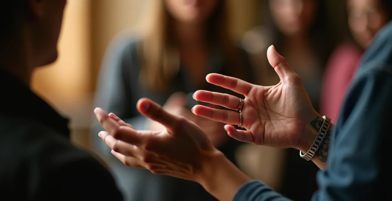Nahaufnahme von zwei Paar Händen, die während eines intensiven Gesprächs gestikulieren und eine vertrauensvolle Atmosphäre andeuten.