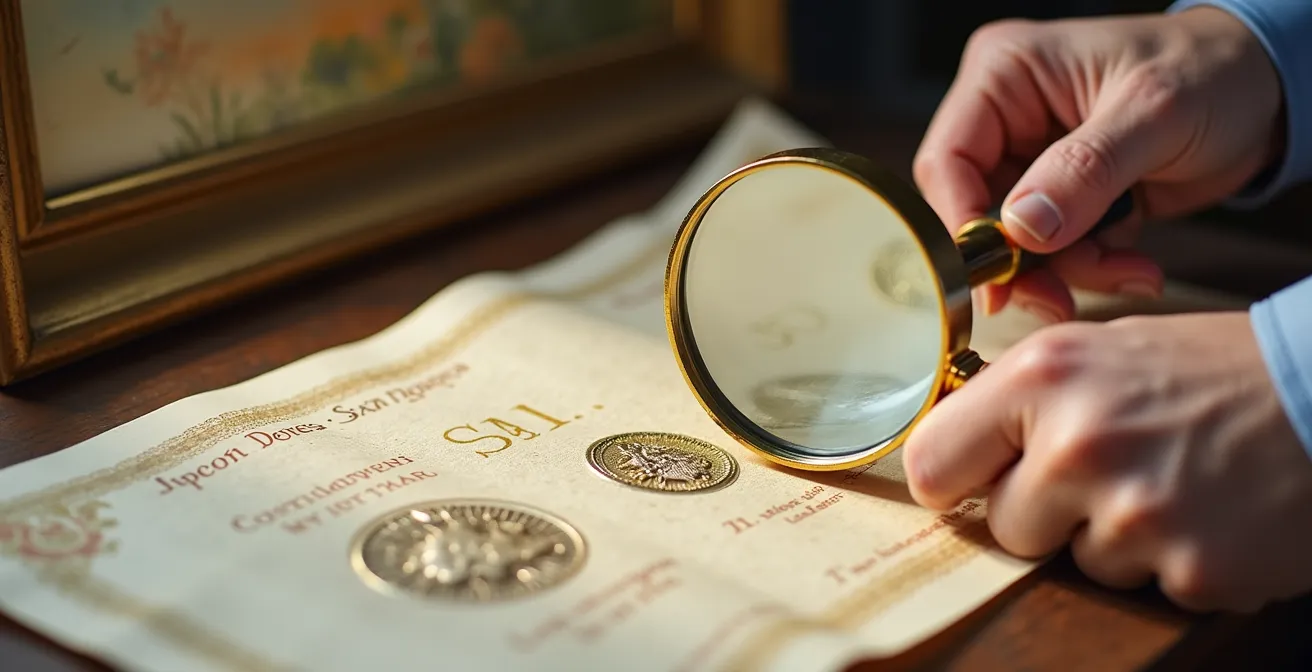 Nahaufnahme einer Dokumentenprüfung mit Lupe auf Kunstzertifikat