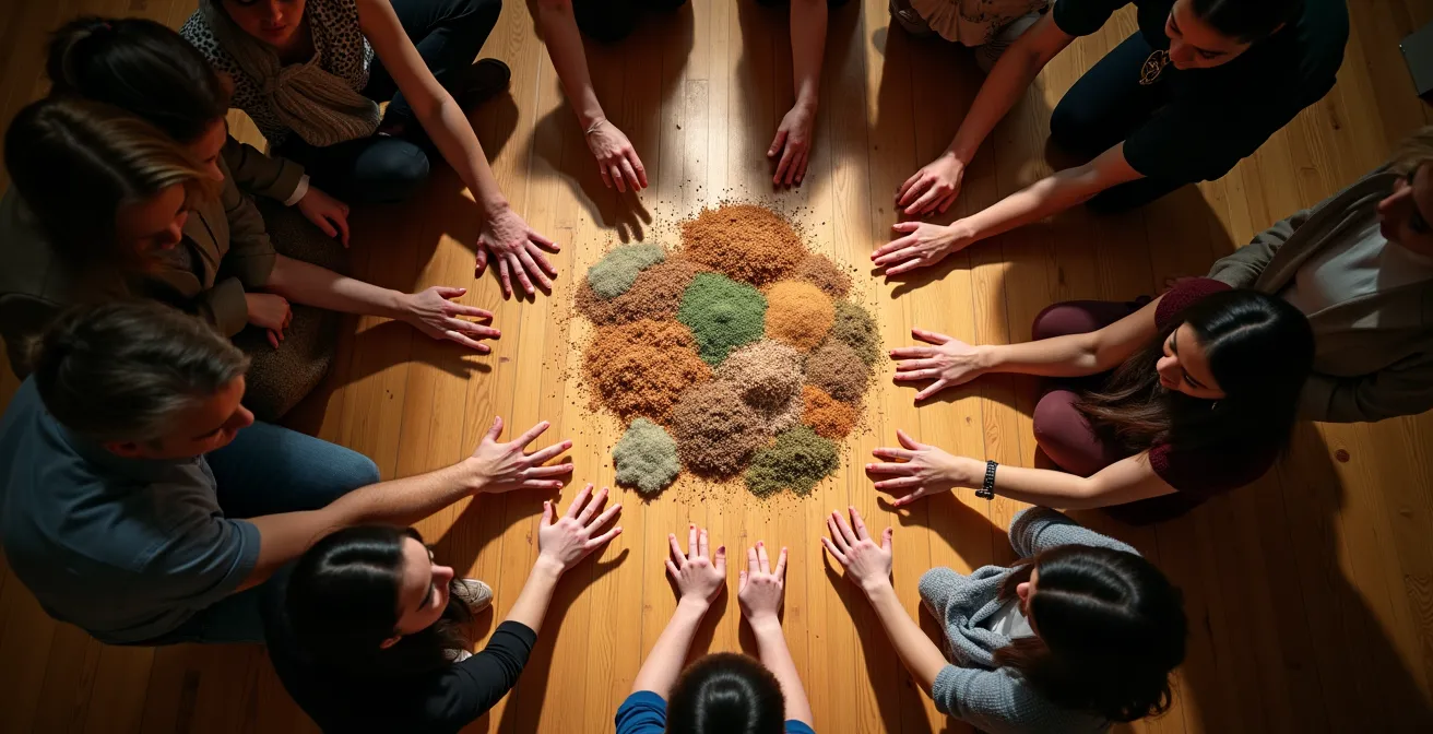 Menschen diskutieren um einen runden Tisch mit Kunstmaterialien