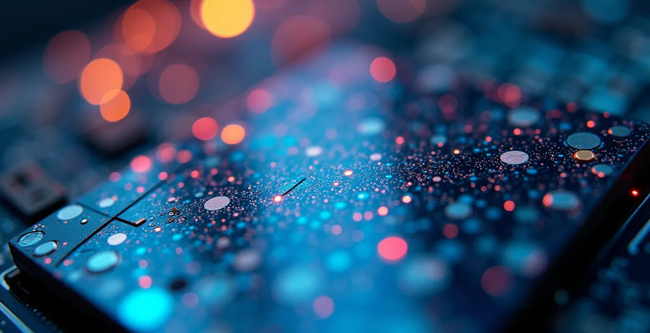 Futuristischer Archivraum mit holographischen Projektionen digitaler Kunstwerke und Datenstroemen