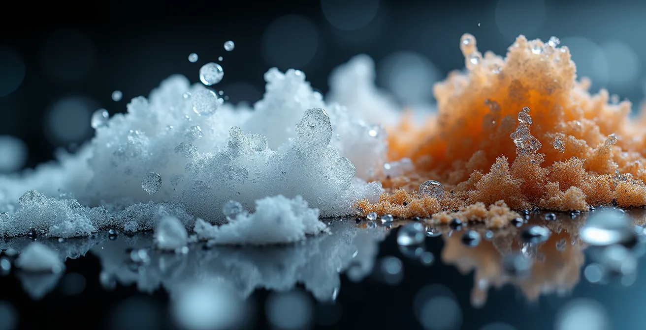 Eine abstrakte Nahaufnahme von schmelzenden Eiskristallen, die die Vergänglichkeit und den Prozesscharakter der Performance-Kunst symbolisieren.