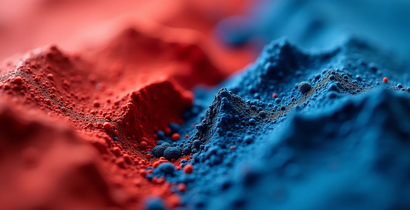 Makroaufnahme von roten und blauen Farbpigmenten, die den Kontrast zwischen warmen und kühlen Tönen zeigen