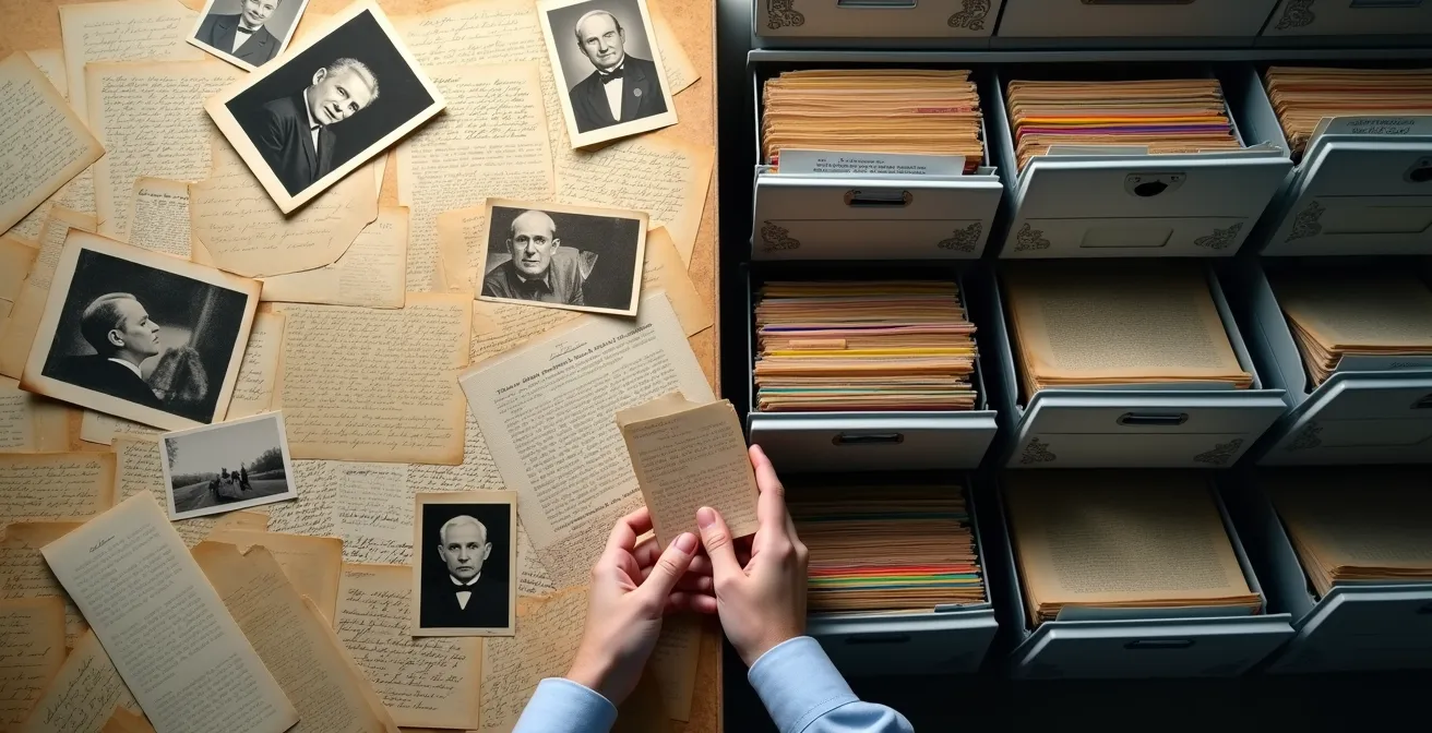 Organisiertes Forschungsdossier mit historischen Dokumenten und modernen Katalogisierungstools
