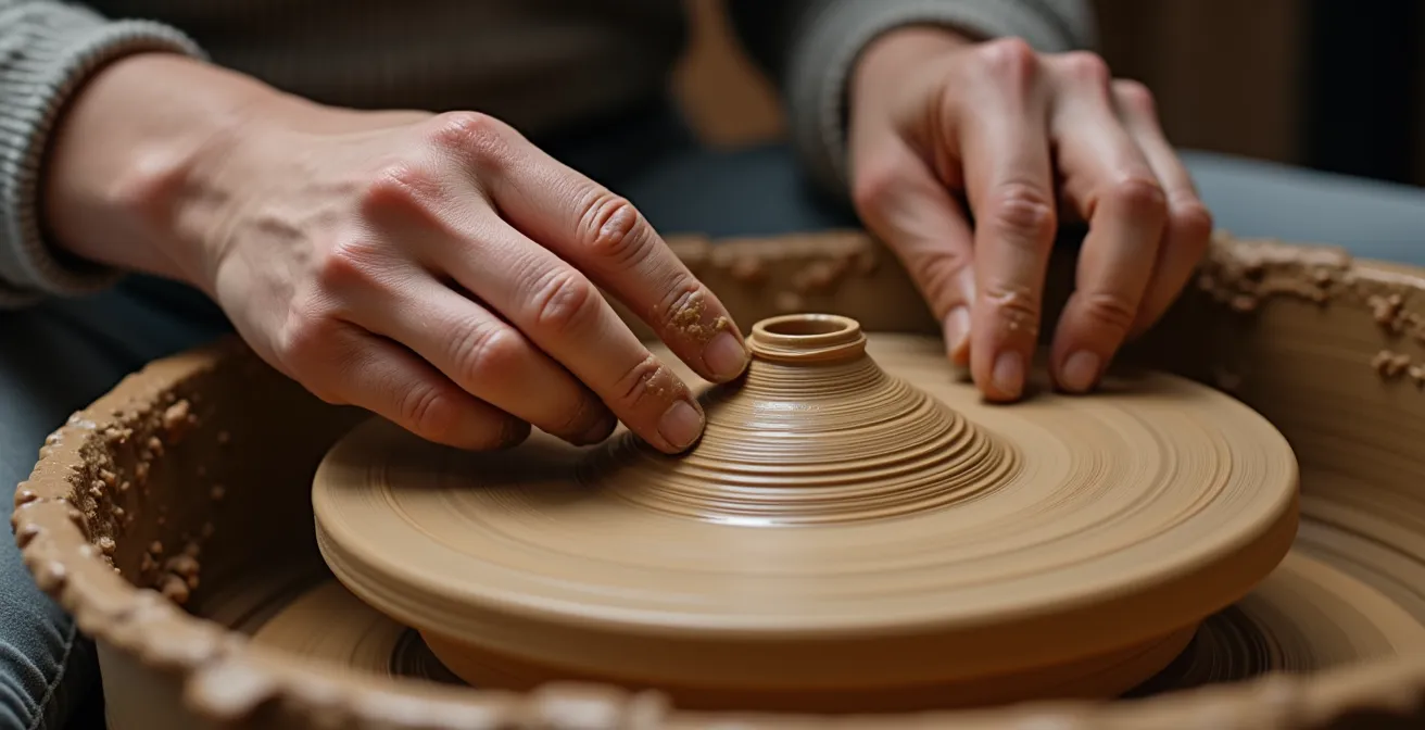 Makroaufnahme von Händen, die Ton formen, mit sichtbaren Texturen