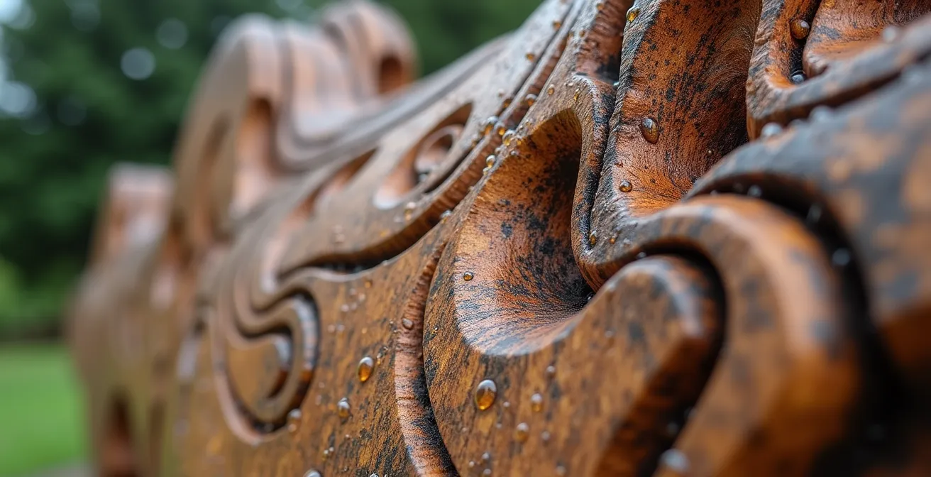 Wetterbeständige Holzskulptur aus Lärchenholz im deutschen Garten mit natürlicher Patina und Regentropfen