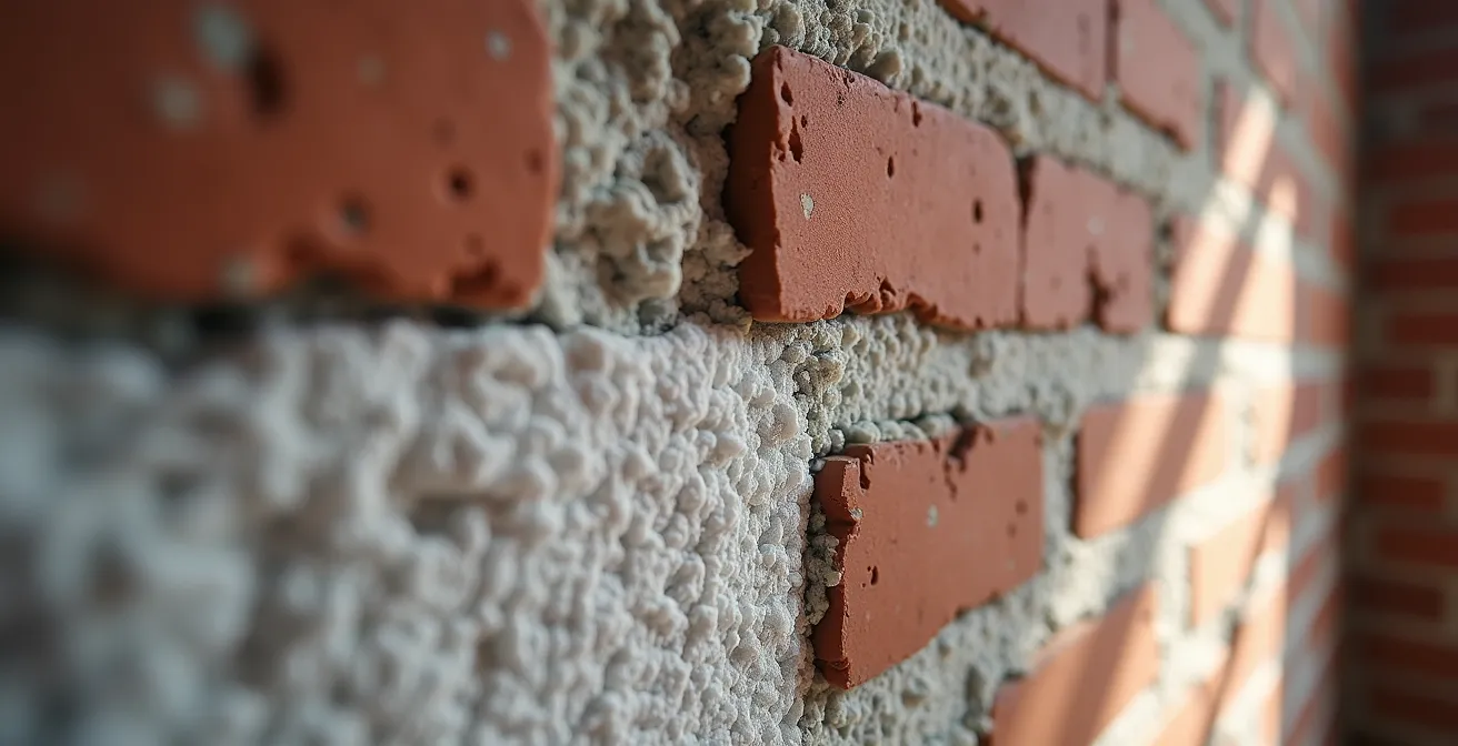 Detailaufnahme einer Innendämmung mit Kalziumsilikatplatten an historischem Mauerwerk