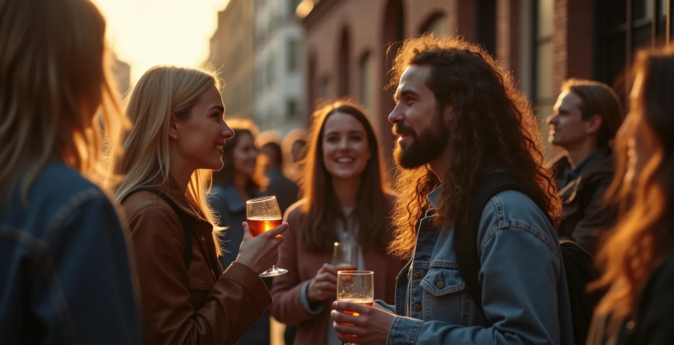 Kunstliebhaber beim Galerien-Hopping in einem Berliner Galerienviertel am Abend