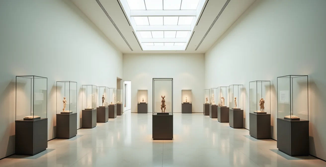 Museumsvitrine mit afrikanischen Artefakten und zeitgenössischen künstlerischen Interventionen im Dialog