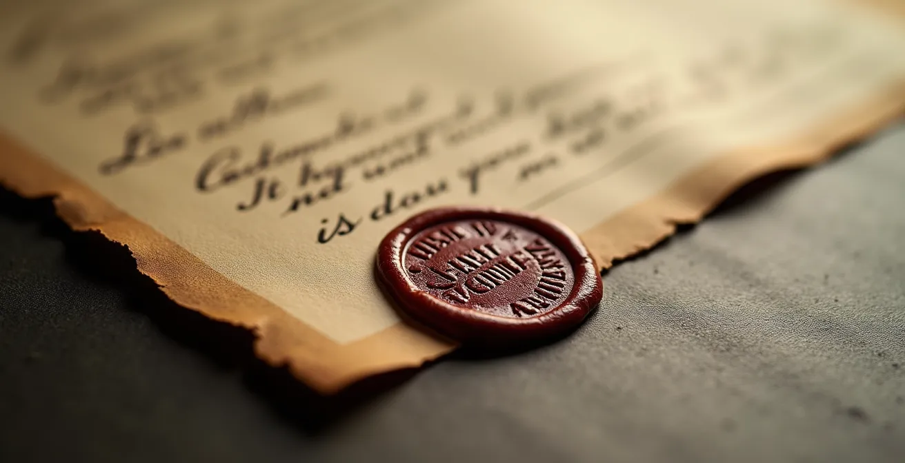 Makroaufnahme eines Künstlerzertifikats mit Siegelwachs und handschriftlichen Notizen