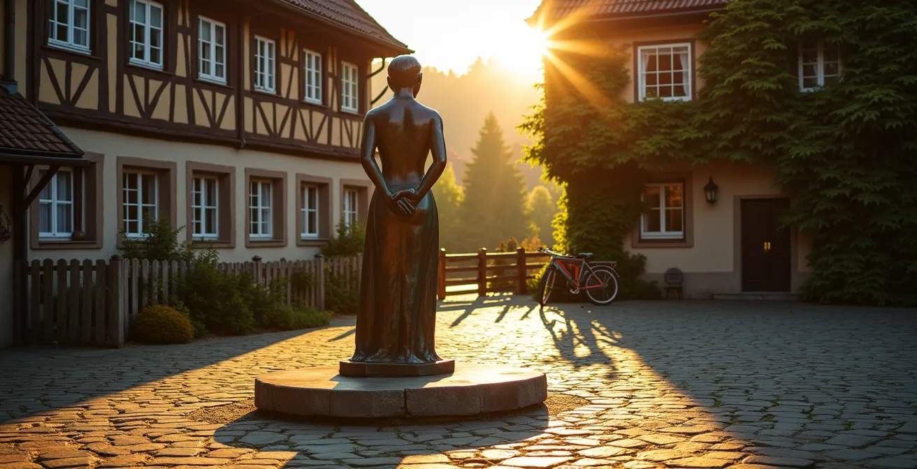 Besucher betrachten Skulptur im Garten eines historischen Landgasthofs bei Sonnenuntergang