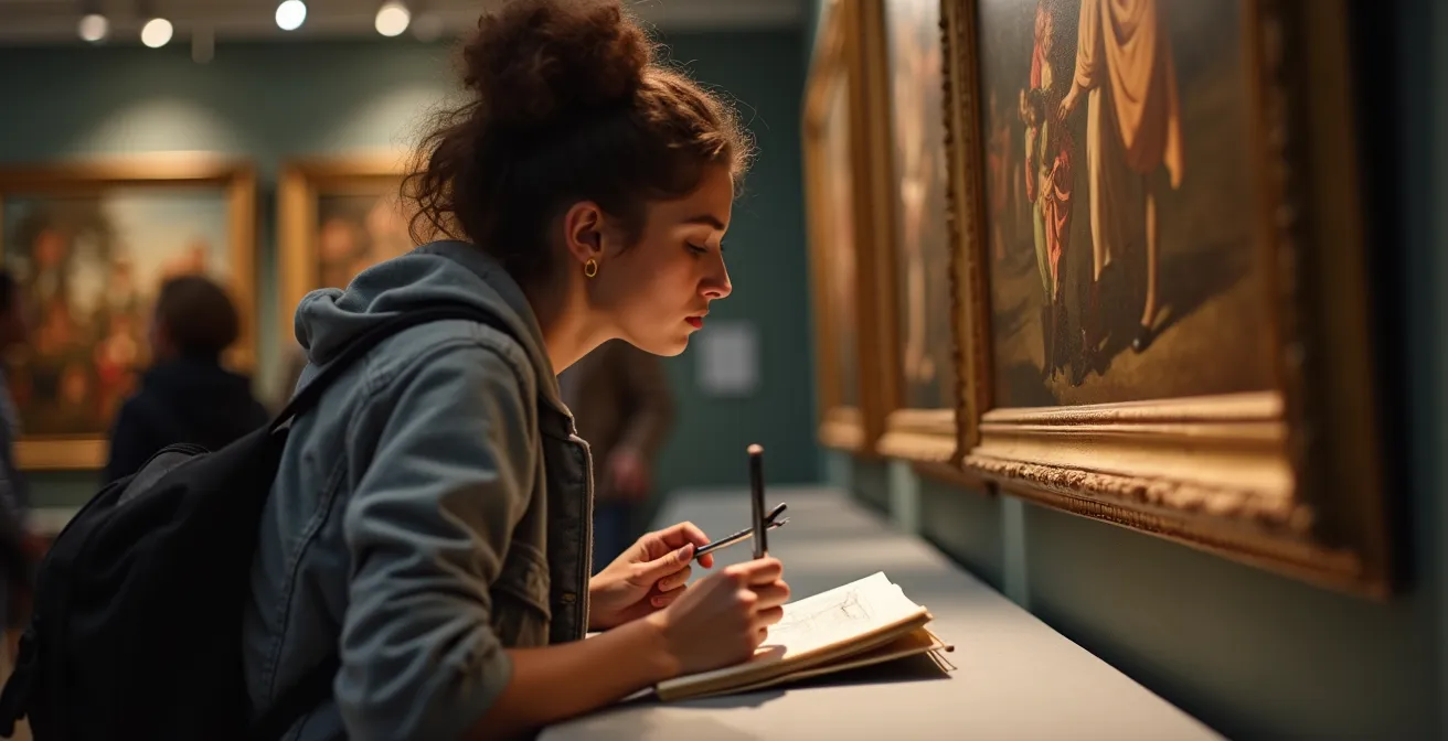 Kunststudenten beim Studium klassischer Werke in einem deutschen Museum mit modernen Interpretationstechniken