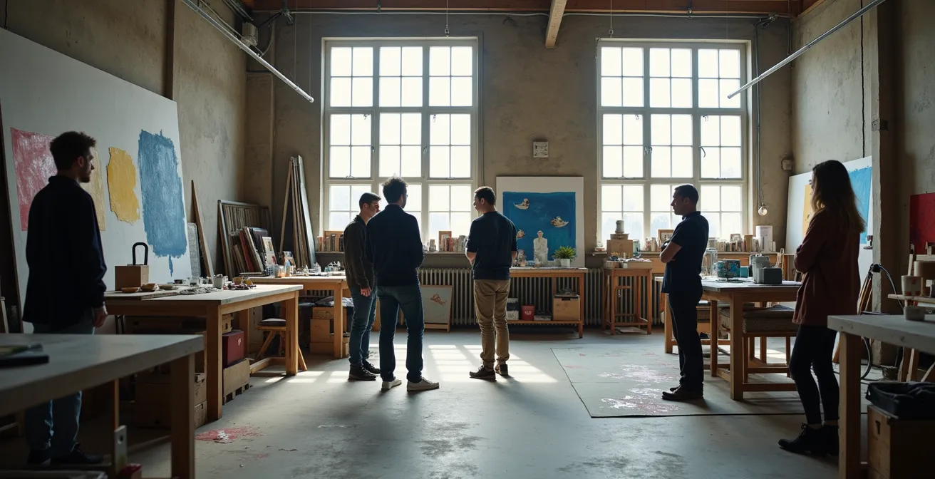 Schulklasse in einem Künstleratelier mit natürlichem Licht und Kunstwerken