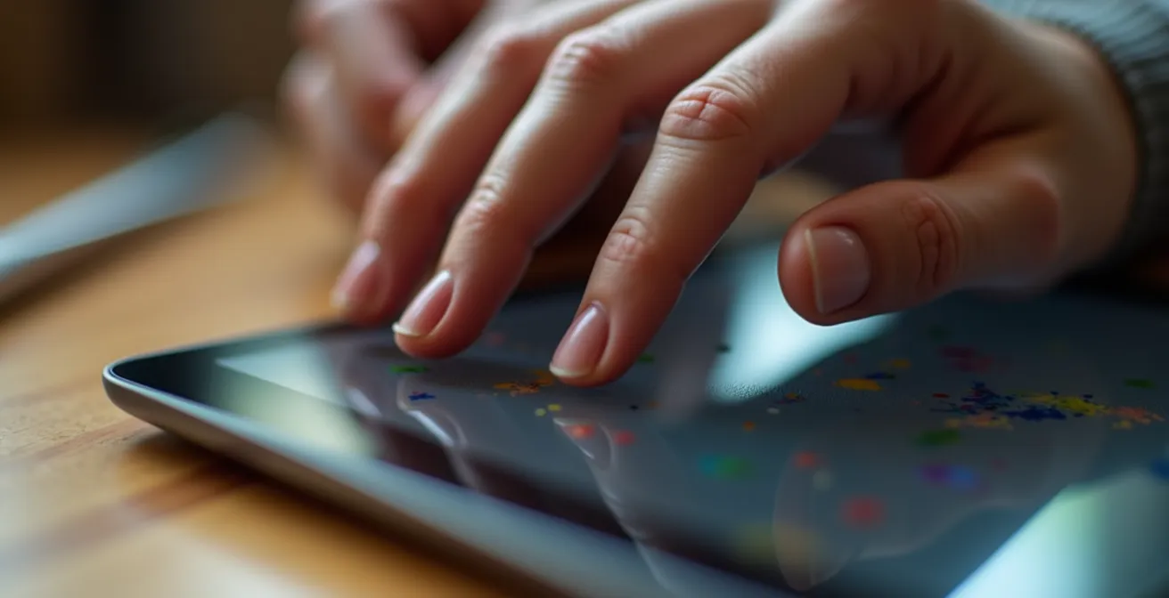 Nahaufnahme von Künstlerhänden, die ruhig und bedacht auf einem Tablet tippen