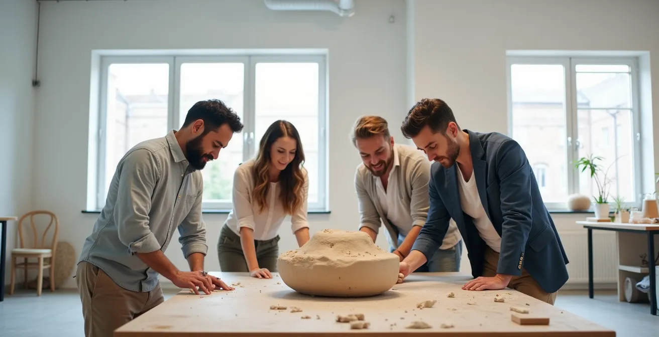 Führungskräfte arbeiten gemeinsam an einer Skulptur in einem hellen Atelier