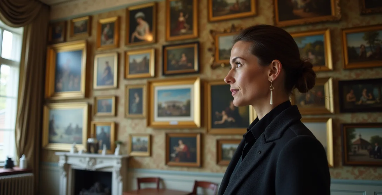 Dichte Petersburger Hängung mit verschiedenen Kunstwerken in einem eleganten Salon