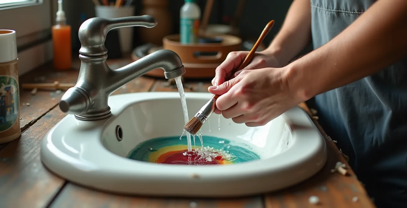 Hände reinigen einen Ölmalpinsel mit Seife über einem Waschbecken
