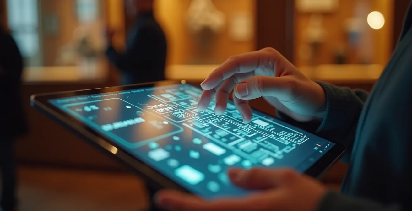 Jugendliche lösen gemeinsam ein Tablet-basiertes Rätsel vor einem historischen Exponat