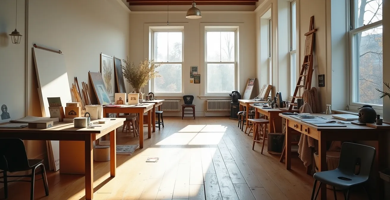 Ein geräumiges Künstleratelier, in dem sich theatrale Modelle und bemalte Leinwände vermischen und die Grenzüberschreitung zwischen den Disziplinen zeigen.