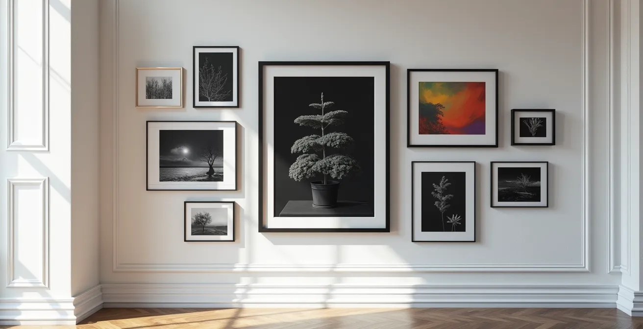 Dramatische Kunsthängung an weißer Wand in Berliner Altbau mit verschiedenen Rahmengrößen