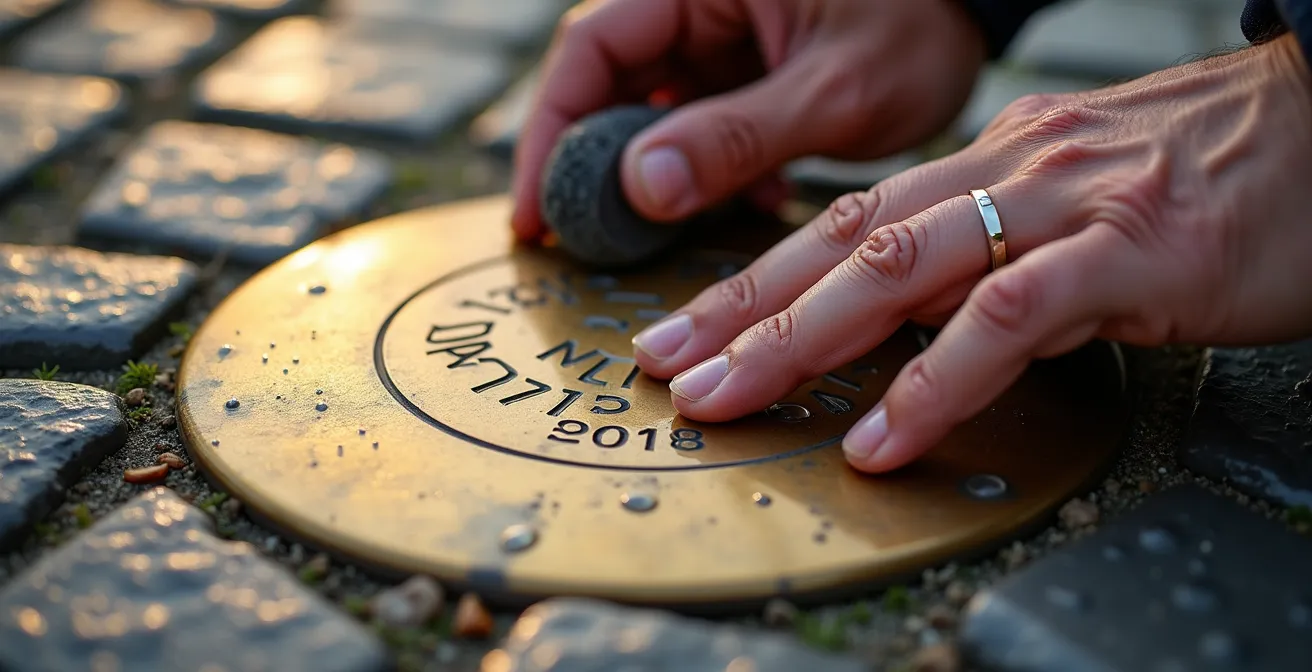 Nahaufnahme der Pflege eines Stolpersteins als Akt des Gedenkens