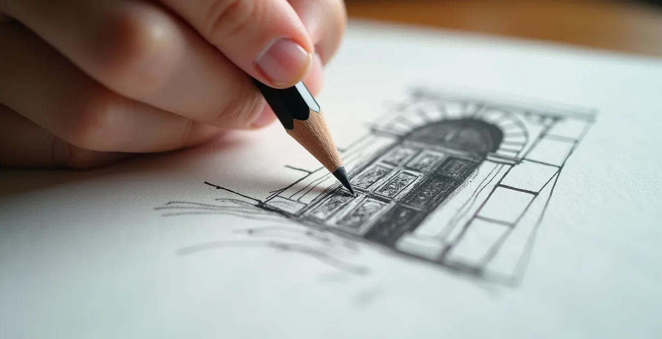 Nahaufnahme einer Hand beim Zeichnen mit verschiedenen Bleistift-Linienstärken auf Skizzenpapier