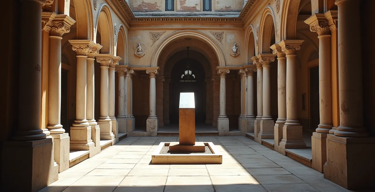 Blick durch einen venezianischen Palazzo-Innenhof mit zeitgenössischer Kunstinstallation