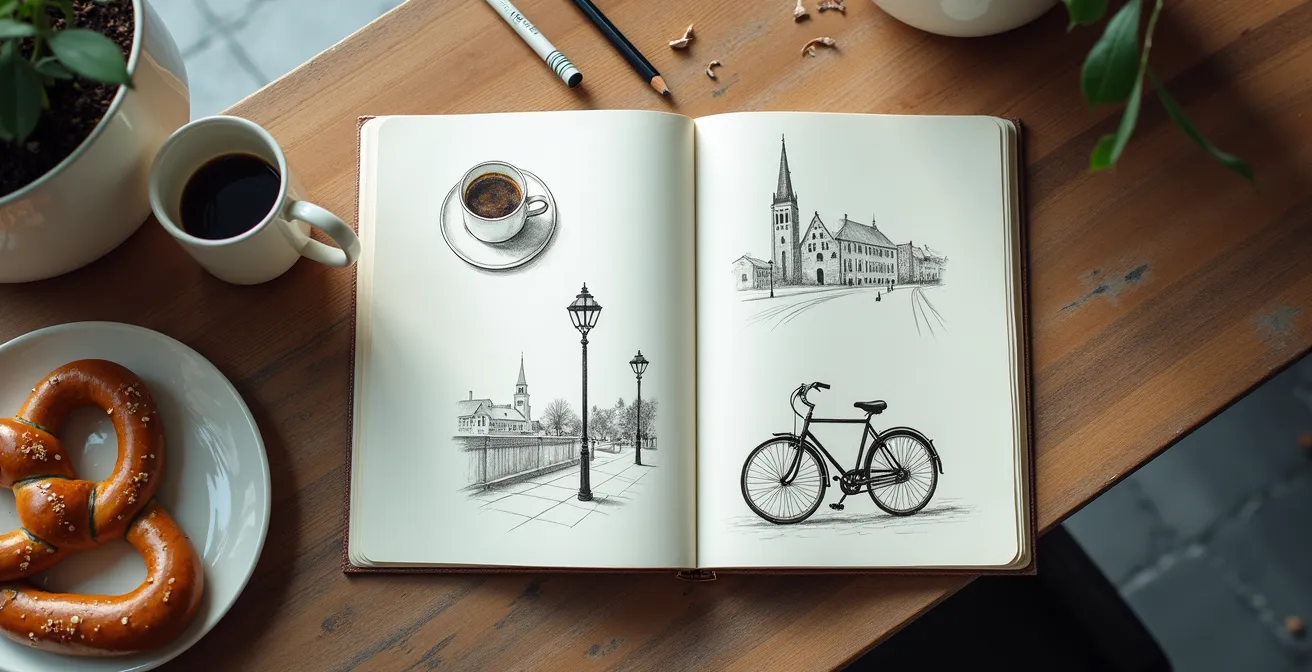 Aufgeschlagenes Skizzenbuch zeigt verschiedene schnelle Alltagsskizzen aus einer deutschen Stadt