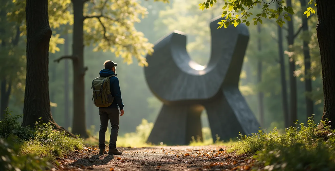 Wanderer pausiert vor großer Steinskulptur auf Waldlichtung