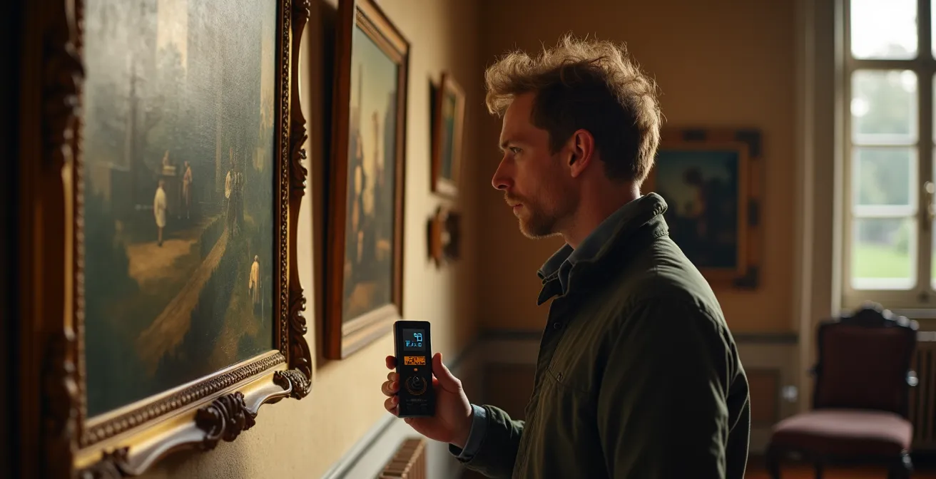 Historischer Raum mit Wandheizung und Ölgemälden an Lehmputzwand