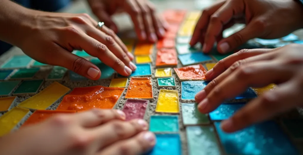 Detailaufnahme von Händen, die gemeinsam an einem bunten Mosaikprojekt arbeiten Detailaufnahme von Händen, die gemeinsam an einem bunten Mosaikprojekt arbeiten