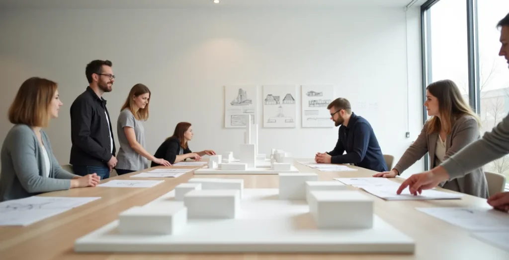 Bürgerworkshop zur Neugestaltung eines historischen Platzes mit Modellen und Plänen Bürgerworkshop zur Neugestaltung eines historischen Platzes mit Modellen und Plänen